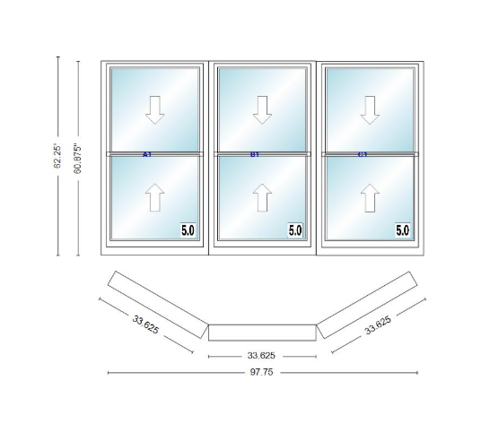 Andersen 400 Series Double Hung Bay Window 97 3/4" Wide Double Hung With Double Hung Flankers 30 Degree Angle Of Deflection Vinyl Exterior Wood Interior Low-E4 Dual Pane Argon Gas