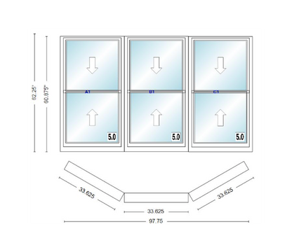 Andersen 400 Series Double Hung Bay Window 97 3/4" Wide Double Hung With Double Hung Flankers 30 Degree Angle Of Deflection Vinyl Exterior Wood Interior Low-E4 Dual Pane Argon Gas