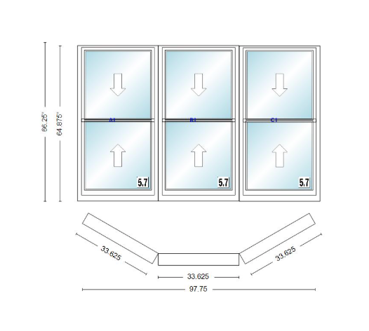 Andersen 400 Series Double Hung Bay Window 97 3/4" Wide Double Hung With Double Hung Flankers 30 Degree Angle Of Deflection Vinyl Exterior Wood Interior Low-E4 Dual Pane Argon Gas