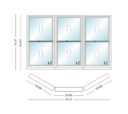 Andersen 400 Series Double Hung Bay Window 97 3/4" Wide Double Hung With Double Hung Flankers 30 Degree Angle Of Deflection Vinyl Exterior Wood Interior Low-E4 Dual Pane Argon Gas