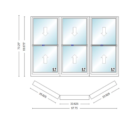 Andersen 400 Series Double Hung Bay Window 97 3/4" Wide Double Hung With Double Hung Flankers 30 Degree Angle Of Deflection Vinyl Exterior Wood Interior Low-E4 Dual Pane Argon Gas