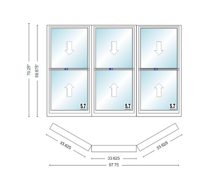 Andersen 400 Series Double Hung Bay Window 97 3/4" Wide Double Hung With Double Hung Flankers 30 Degree Angle Of Deflection Vinyl Exterior Wood Interior Low-E4 Dual Pane Argon Gas