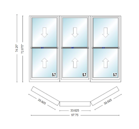 Andersen 400 Series Double Hung Bay Window 97 3/4" Wide Double Hung With Double Hung Flankers 30 Degree Angle Of Deflection Vinyl Exterior Wood Interior Low-E4 Dual Pane Argon Gas