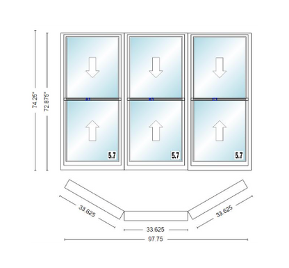 Andersen 400 Series Double Hung Bay Window 97 3/4" Wide Double Hung With Double Hung Flankers 30 Degree Angle Of Deflection Vinyl Exterior Wood Interior Low-E4 Dual Pane Argon Gas