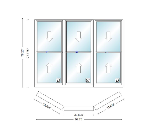 Andersen 400 Series Double Hung Bay Window 97 3/4" Wide Double Hung With Double Hung Flankers 30 Degree Angle Of Deflection Vinyl Exterior Wood Interior Low-E4 Dual Pane Argon Gas