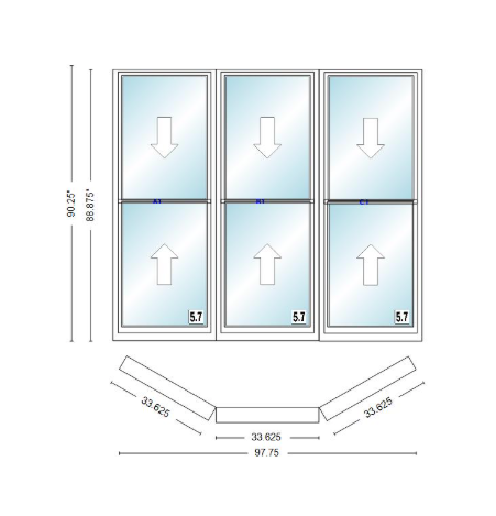 Andersen 400 Series Double Hung Bay Window 97 3/4" Wide Double Hung With Double Hung Flankers 30 Degree Angle Of Deflection Vinyl Exterior Wood Interior Low-E4 Dual Pane Argon Gas