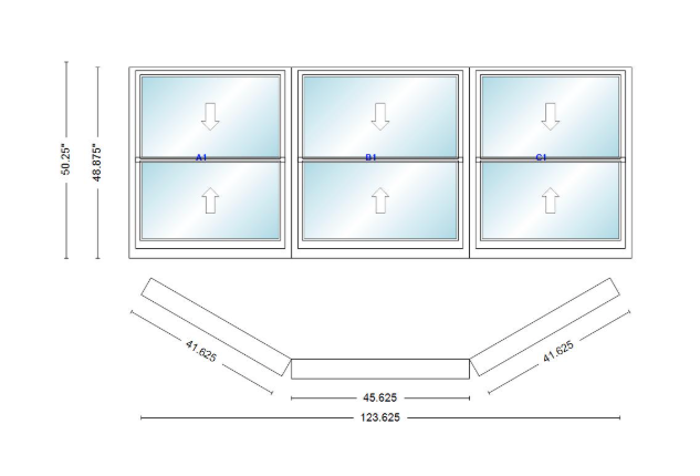Andersen 400 Series Double Hung Bay Window 123 5/8" Wide Picture With Double Hung Flankers 30 Degree Angle Of Deflection Vinyl Exterior Wood Interior Low-E4 Dual Pane Argon Gas