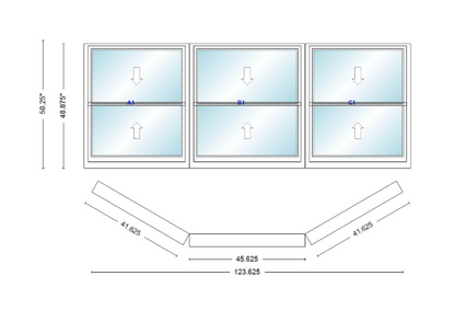 Andersen 400 Series Double Hung Bay Window 123 5/8" Wide Picture With Double Hung Flankers 30 Degree Angle Of Deflection Vinyl Exterior Wood Interior Low-E4 Dual Pane Argon Gas