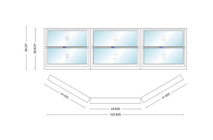 Andersen 400 Series Double Hung Bay Window 123 5/8" Wide Picture With Double Hung Flankers 30 Degree Angle Of Deflection Vinyl Exterior Wood Interior Low-E4 Dual Pane Argon Gas