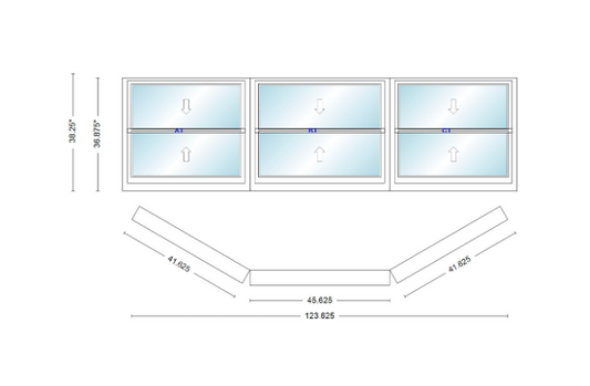 Andersen 400 Series Double Hung Bay Window 123 5/8" Wide Picture With Double Hung Flankers 30 Degree Angle Of Deflection Vinyl Exterior Wood Interior Low-E4 Dual Pane Argon Gas