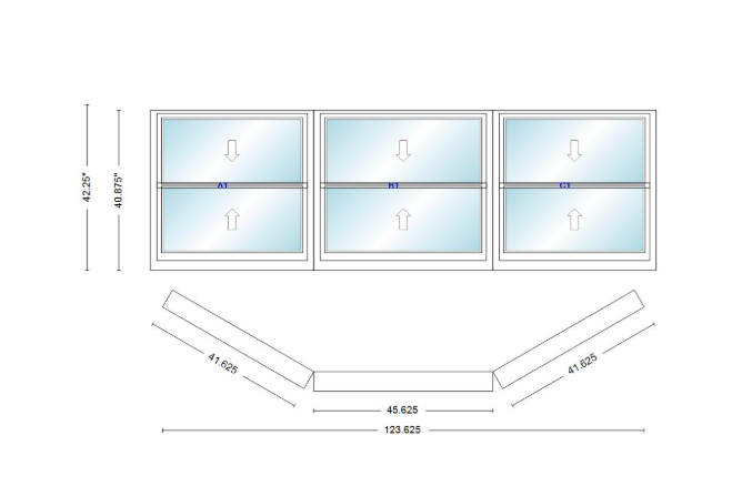 Andersen 400 Series Double Hung Bay Window 123 5/8" Wide Picture With Double Hung Flankers 30 Degree Angle Of Deflection Vinyl Exterior Wood Interior Low-E4 Dual Pane Argon Gas