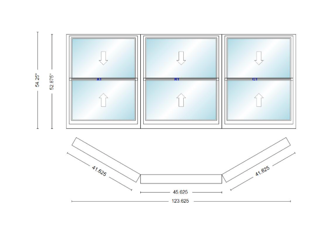 Andersen 400 Series Double Hung Bay Window 123 5/8" Wide Picture With Double Hung Flankers 30 Degree Angle Of Deflection Vinyl Exterior Wood Interior Low-E4 Dual Pane Argon Gas