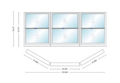 Andersen 400 Series Double Hung Bay Window 123 5/8" Wide Picture With Double Hung Flankers 30 Degree Angle Of Deflection Vinyl Exterior Wood Interior Low-E4 Dual Pane Argon Gas
