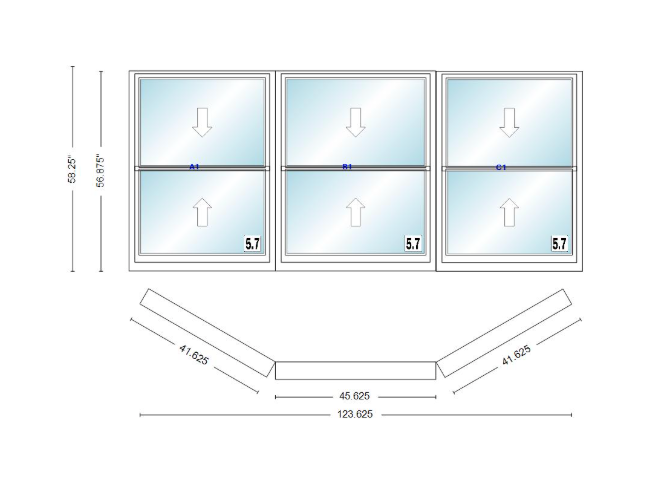 Andersen 400 Series Double Hung Bay Window 123 5/8" Wide Picture With Double Hung Flankers 30 Degree Angle Of Deflection Vinyl Exterior Wood Interior Low-E4 Dual Pane Argon Gas