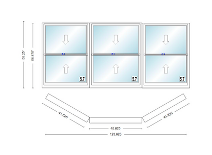 Andersen 400 Series Double Hung Bay Window 123 5/8" Wide Picture With Double Hung Flankers 30 Degree Angle Of Deflection Vinyl Exterior Wood Interior Low-E4 Dual Pane Argon Gas
