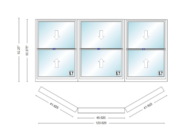 Andersen 400 Series Double Hung Bay Window 123 5/8" Wide Picture With Double Hung Flankers 30 Degree Angle Of Deflection Vinyl Exterior Wood Interior Low-E4 Dual Pane Argon Gas