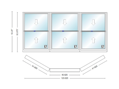 Andersen 400 Series Double Hung Bay Window 123 5/8" Wide Picture With Double Hung Flankers 30 Degree Angle Of Deflection Vinyl Exterior Wood Interior Low-E4 Dual Pane Argon Gas