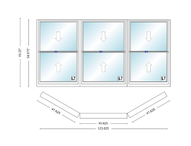 Andersen 400 Series Double Hung Bay Window 123 5/8" Wide Picture With Double Hung Flankers 30 Degree Angle Of Deflection Vinyl Exterior Wood Interior Low-E4 Dual Pane Argon Gas