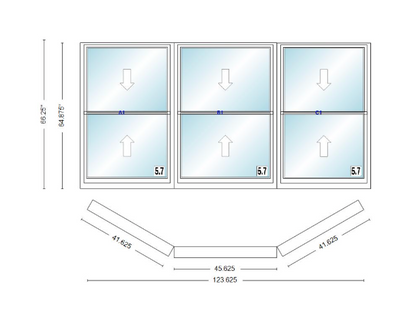 Andersen 400 Series Double Hung Bay Window 123 5/8" Wide Picture With Double Hung Flankers 30 Degree Angle Of Deflection Vinyl Exterior Wood Interior Low-E4 Dual Pane Argon Gas