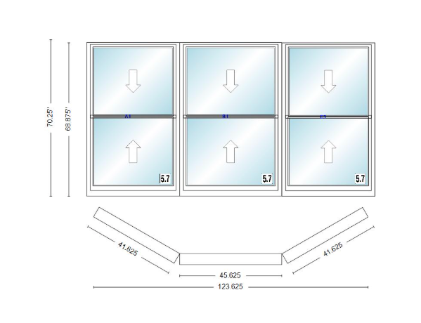 Andersen 400 Series Double Hung Bay Window 123 5/8" Wide Picture With Double Hung Flankers 30 Degree Angle Of Deflection Vinyl Exterior Wood Interior Low-E4 Dual Pane Argon Gas