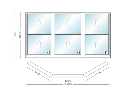 Andersen 400 Series Double Hung Bay Window 123 5/8" Wide Picture With Double Hung Flankers 30 Degree Angle Of Deflection Vinyl Exterior Wood Interior Low-E4 Dual Pane Argon Gas