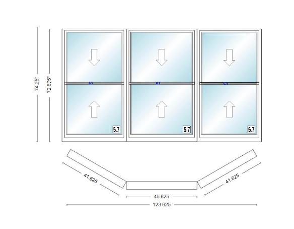 Andersen 400 Series Double Hung Bay Window 123 5/8" Wide Picture With Double Hung Flankers 30 Degree Angle Of Deflection Vinyl Exterior Wood Interior Low-E4 Dual Pane Argon Gas