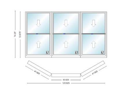 Andersen 400 Series Double Hung Bay Window 123 5/8" Wide Picture With Double Hung Flankers 30 Degree Angle Of Deflection Vinyl Exterior Wood Interior Low-E4 Dual Pane Argon Gas