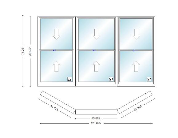 Andersen 400 Series Double Hung Bay Window 123 5/8" Wide Picture With Double Hung Flankers 30 Degree Angle Of Deflection Vinyl Exterior Wood Interior Low-E4 Dual Pane Argon Gas