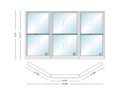 Andersen 400 Series Double Hung Bay Window 123 5/8" Wide Picture With Double Hung Flankers 30 Degree Angle Of Deflection Vinyl Exterior Wood Interior Low-E4 Dual Pane Argon Gas