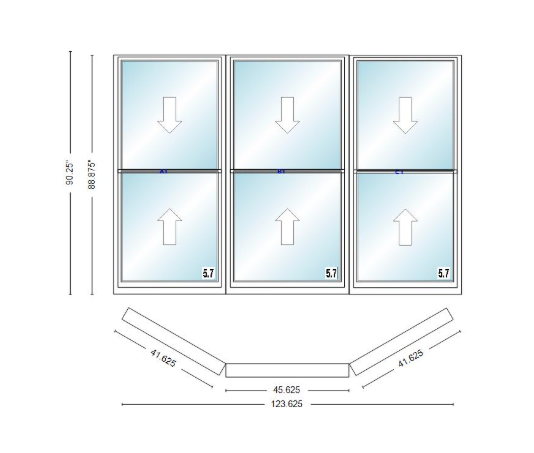 Andersen 400 Series Double Hung Bay Window 123 5/8" Wide Picture With Double Hung Flankers 30 Degree Angle Of Deflection Vinyl Exterior Wood Interior Low-E4 Dual Pane Argon Gas
