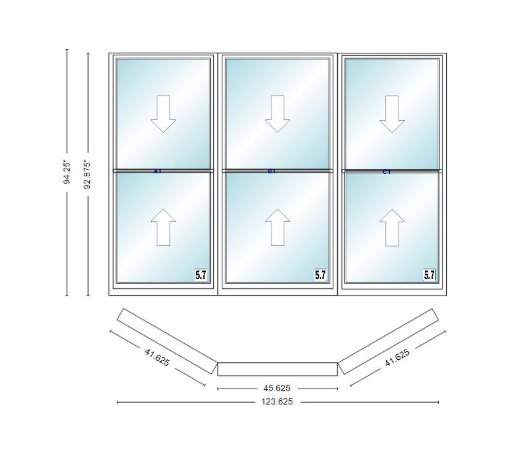 Andersen 400 Series Double Hung Bay Window 123 5/8" Wide Picture With Double Hung Flankers 30 Degree Angle Of Deflection Vinyl Exterior Wood Interior Low-E4 Dual Pane Argon Gas