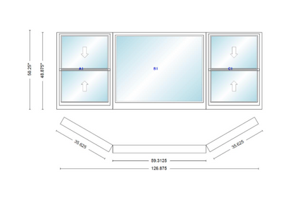Andersen 400 Series Double Hung Bay Window 126 7/8" Wide Picture With Double Hung Flankers 30 Degree Angle Of Deflection Vinyl Exterior Wood Interior Low-E4 Dual Pane Argon Gas