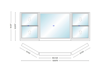 Andersen 400 Series Double Hung Bay Window 126 7/8" Wide Picture With Double Hung Flankers 30 Degree Angle Of Deflection Vinyl Exterior Wood Interior Low-E4 Dual Pane Argon Gas