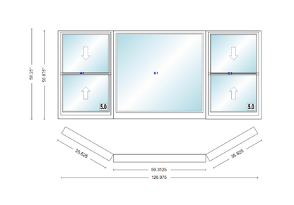 Andersen 400 Series Double Hung Bay Window 126 7/8" Wide Picture With Double Hung Flankers 30 Degree Angle Of Deflection Vinyl Exterior Wood Interior Low-E4 Dual Pane Argon Gas