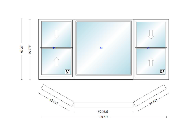 Andersen 400 Series Double Hung Bay Window 126 7/8" Wide Picture With Double Hung Flankers 30 Degree Angle Of Deflection Vinyl Exterior Wood Interior Low-E4 Dual Pane Argon Gas