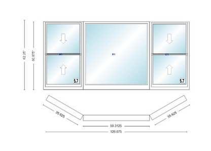 Andersen 400 Series Double Hung Bay Window 126 7/8" Wide Picture With Double Hung Flankers 30 Degree Angle Of Deflection Vinyl Exterior Wood Interior Low-E4 Dual Pane Argon Gas