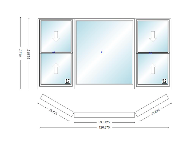 Andersen 400 Series Double Hung Bay Window 126 7/8" Wide Picture With Double Hung Flankers 30 Degree Angle Of Deflection Vinyl Exterior Wood Interior Low-E4 Dual Pane Argon Gas