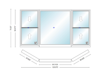 Andersen 400 Series Double Hung Bay Window 126 7/8" Wide Picture With Double Hung Flankers 30 Degree Angle Of Deflection Vinyl Exterior Wood Interior Low-E4 Dual Pane Argon Gas