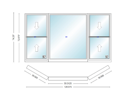 Andersen 400 Series Double Hung Bay Window 126 7/8" Wide Picture With Double Hung Flankers 30 Degree Angle Of Deflection Vinyl Exterior Wood Interior Low-E4 Dual Pane Argon Gas