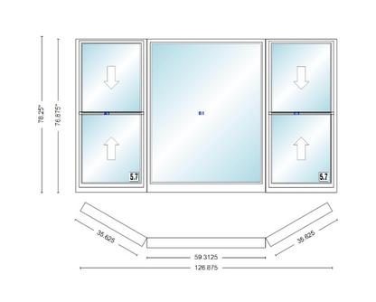 Andersen 400 Series Double Hung Bay Window 126 7/8" Wide Picture With Double Hung Flankers 30 Degree Angle Of Deflection Vinyl Exterior Wood Interior Low-E4 Dual Pane Argon Gas