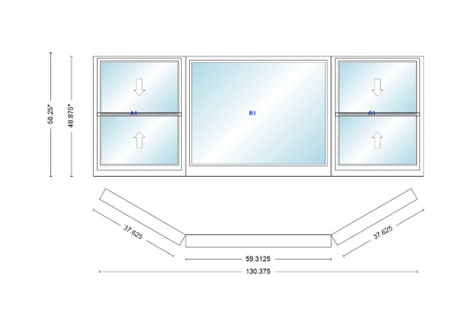 Andersen 400 Series Double Hung Bay Window 130 3/8" Wide Picture With Double Hung Flankers 30 Degree Angle Of Deflection Vinyl Exterior Wood Interior Low-E4 Dual Pane Argon Gas