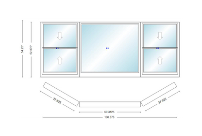 Andersen 400 Series Double Hung Bay Window 130 3/8" Wide Picture With Double Hung Flankers 30 Degree Angle Of Deflection Vinyl Exterior Wood Interior Low-E4 Dual Pane Argon Gas