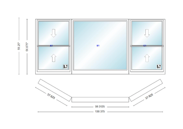Andersen 400 Series Double Hung Bay Window 130 3/8" Wide Picture With Double Hung Flankers 30 Degree Angle Of Deflection Vinyl Exterior Wood Interior Low-E4 Dual Pane Argon Gas