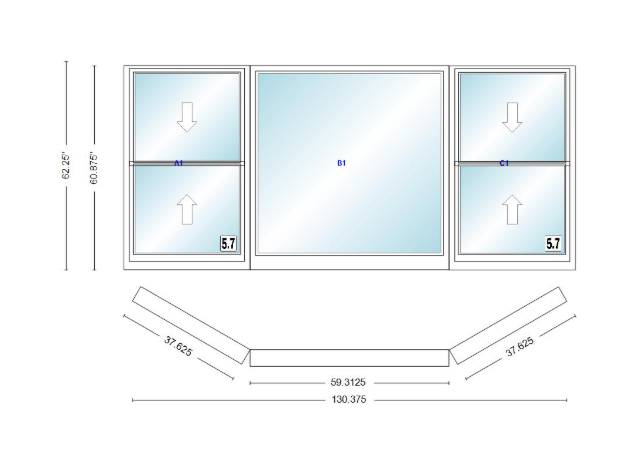 Andersen 400 Series Double Hung Bay Window 130 3/8" Wide Picture With Double Hung Flankers 30 Degree Angle Of Deflection Vinyl Exterior Wood Interior Low-E4 Dual Pane Argon Gas