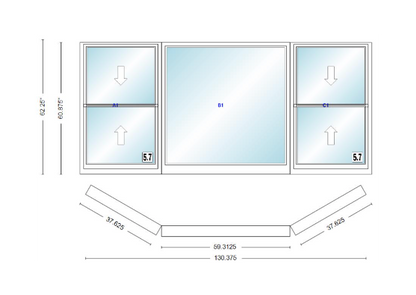 Andersen 400 Series Double Hung Bay Window 130 3/8" Wide Picture With Double Hung Flankers 30 Degree Angle Of Deflection Vinyl Exterior Wood Interior Low-E4 Dual Pane Argon Gas