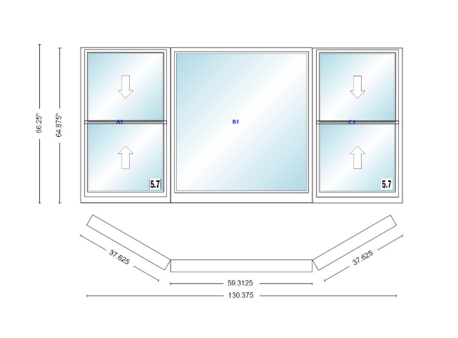 Andersen 400 Series Double Hung Bay Window 130 3/8" Wide Picture With Double Hung Flankers 30 Degree Angle Of Deflection Vinyl Exterior Wood Interior Low-E4 Dual Pane Argon Gas