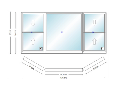 Andersen 400 Series Double Hung Bay Window 130 3/8" Wide Picture With Double Hung Flankers 30 Degree Angle Of Deflection Vinyl Exterior Wood Interior Low-E4 Dual Pane Argon Gas