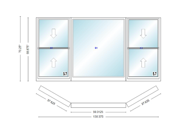 Andersen 400 Series Double Hung Bay Window 130 3/8" Wide Picture With Double Hung Flankers 30 Degree Angle Of Deflection Vinyl Exterior Wood Interior Low-E4 Dual Pane Argon Gas
