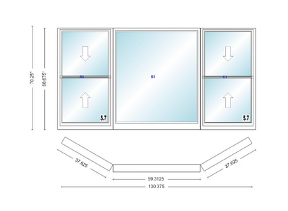 Andersen 400 Series Double Hung Bay Window 130 3/8" Wide Picture With Double Hung Flankers 30 Degree Angle Of Deflection Vinyl Exterior Wood Interior Low-E4 Dual Pane Argon Gas
