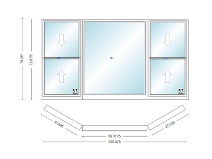 Andersen 400 Series Double Hung Bay Window 130 3/8" Wide Picture With Double Hung Flankers 30 Degree Angle Of Deflection Vinyl Exterior Wood Interior Low-E4 Dual Pane Argon Gas